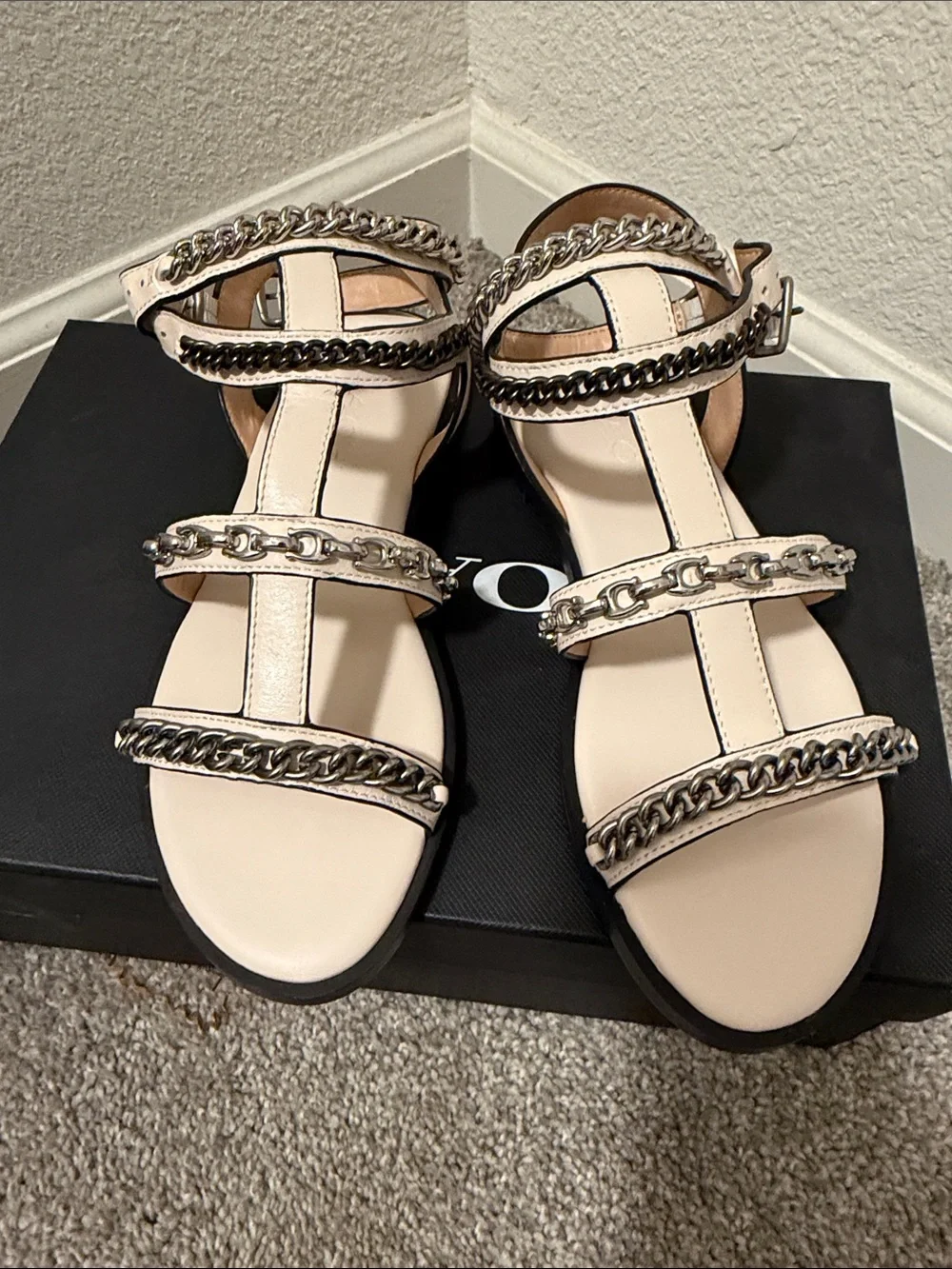 Coach Cream Leather Multi-Chain Flat Sandals